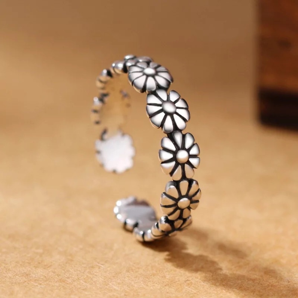 New Sterling Silver 925 Flower Chain Adjustable Ring